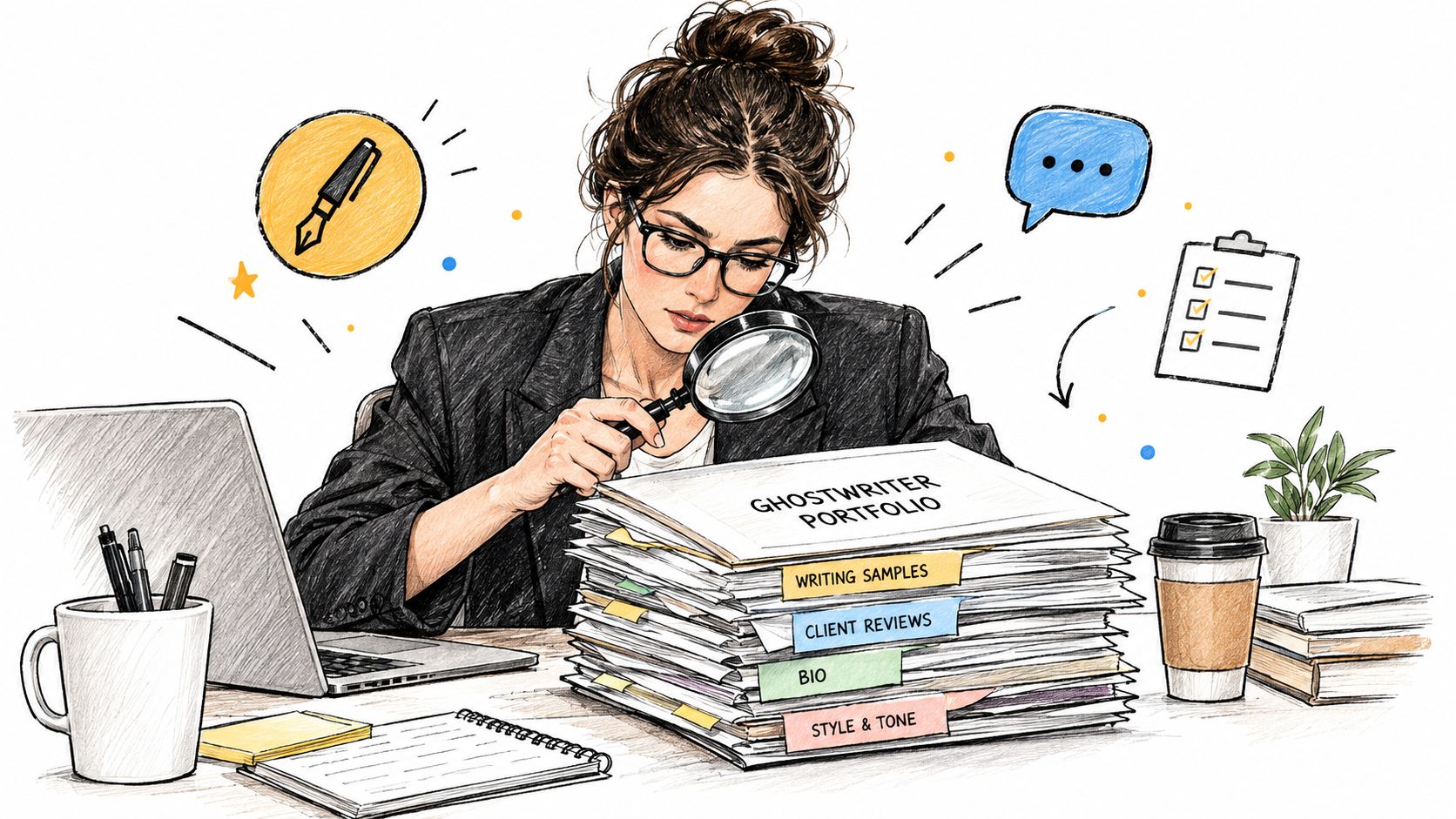 A professional ghostwriter reviewing her portfolio documents with a magnifying glass at a desk with a laptop.