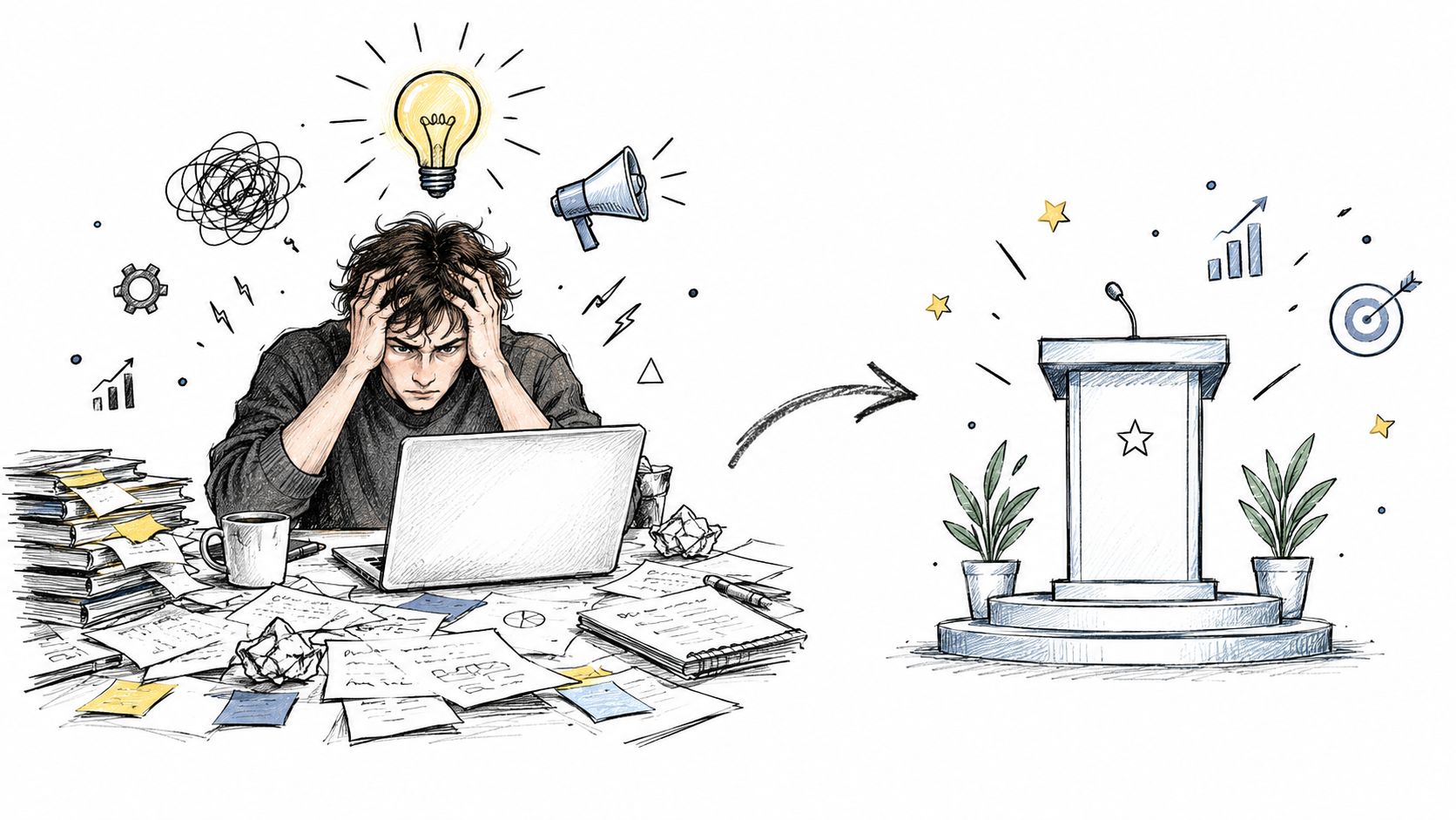 A stressed professional transforming chaotic notes and data into a clear presentation at a podium.