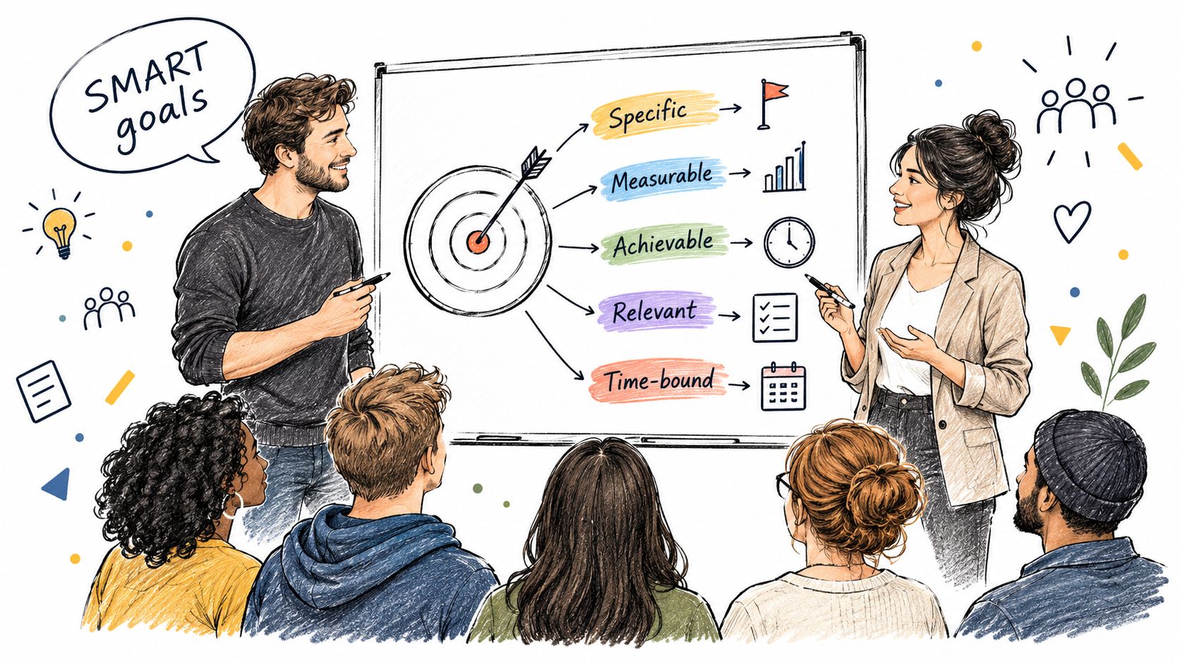 A group of diverse people in a meeting learning about SMART goals presented on a whiteboard.