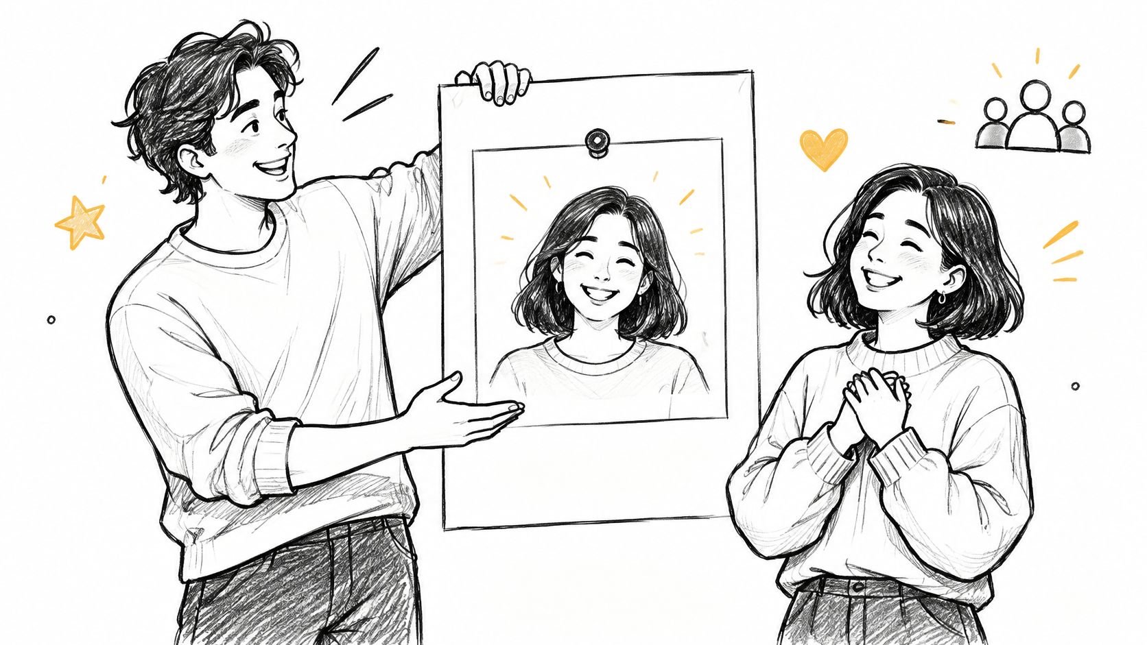 A happy young man presenting a framed portrait of a smiling woman to his joyful female friend.