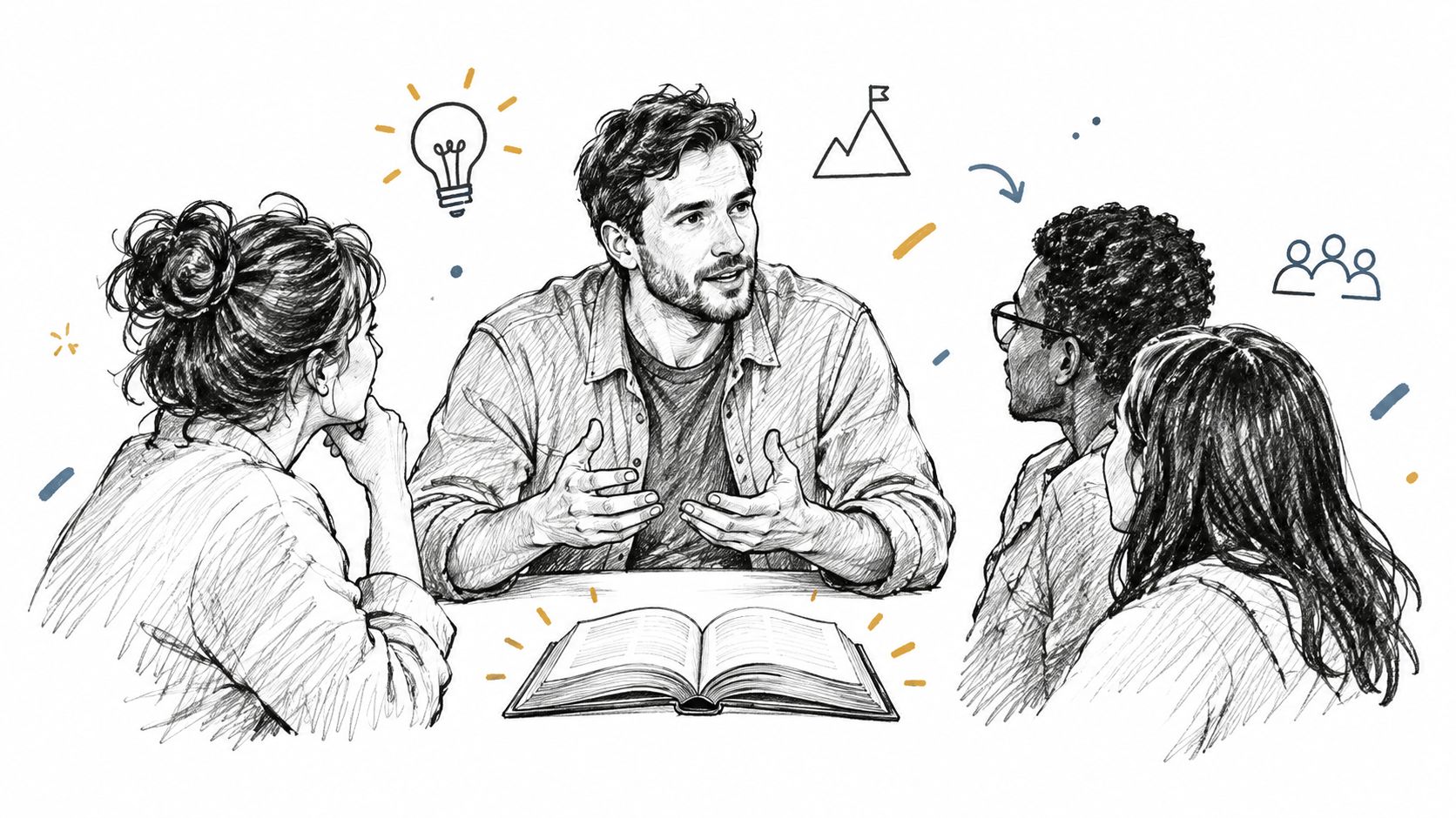 A professional group engaged in a collaborative discussion around an open book with conceptual icons overhead.
