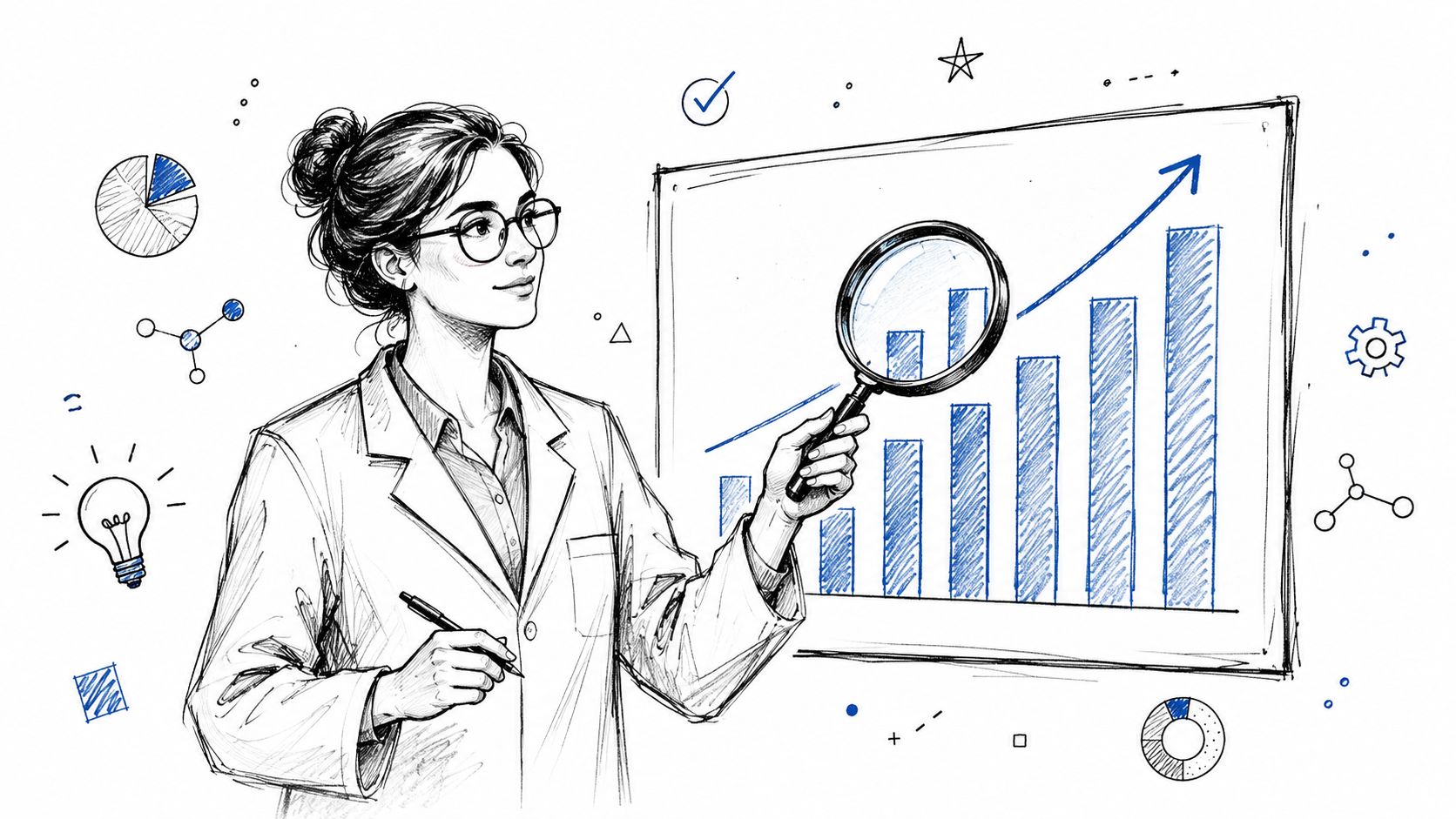 A professional woman in a lab coat using a magnifying glass to analyze a business growth chart.
