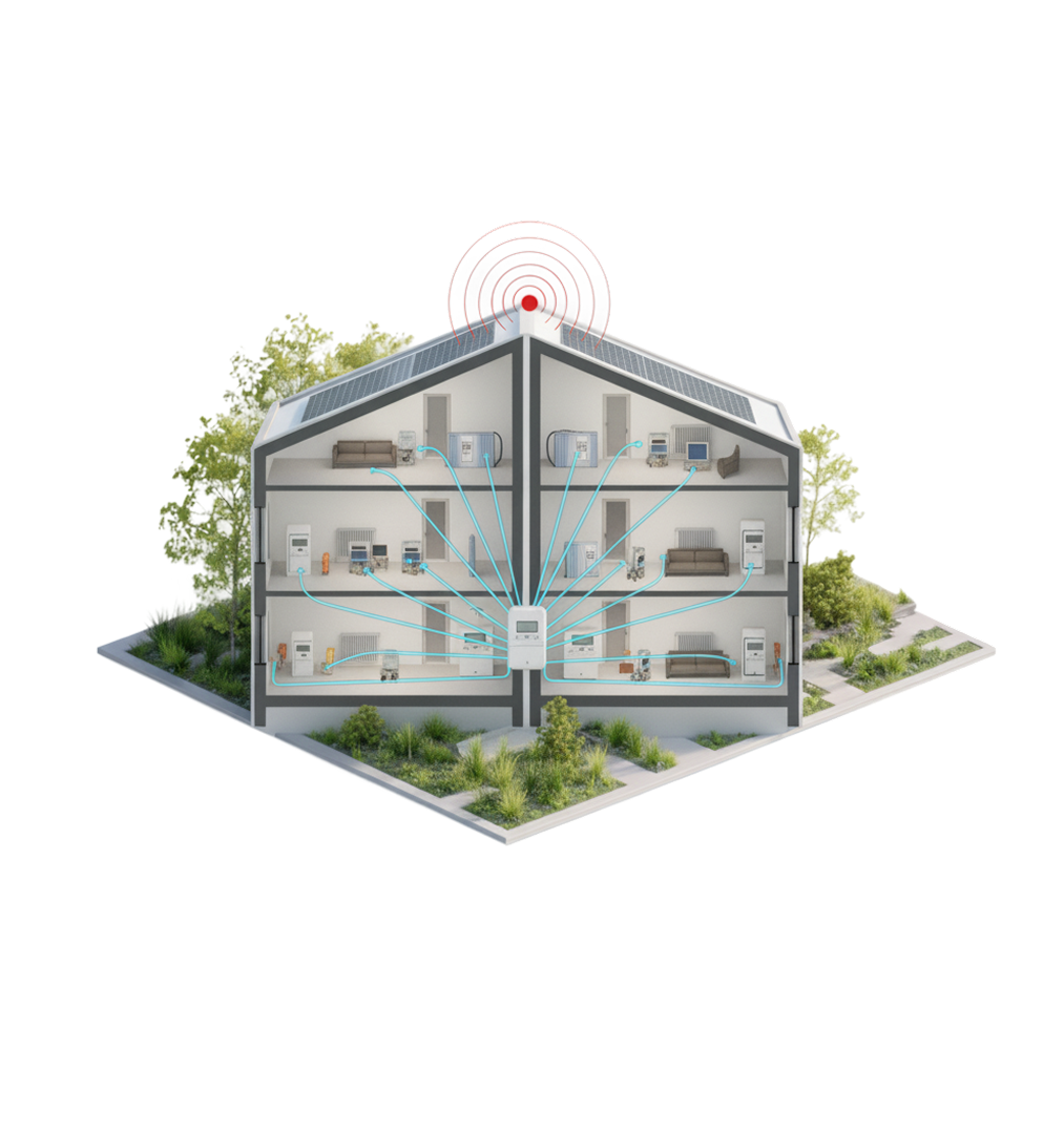 Modernes Einfamilienhaus mit Solarpanelen, Symbol für zukunftsfähige Gebäude und digitale Verbrauchserfassung durch eges