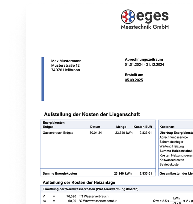 Beispielhafte Abrechnungstabelle mit Verbrauchsdaten, zeigt transparente Kostenübersicht für Wasser, Heizung und Nebenkosten