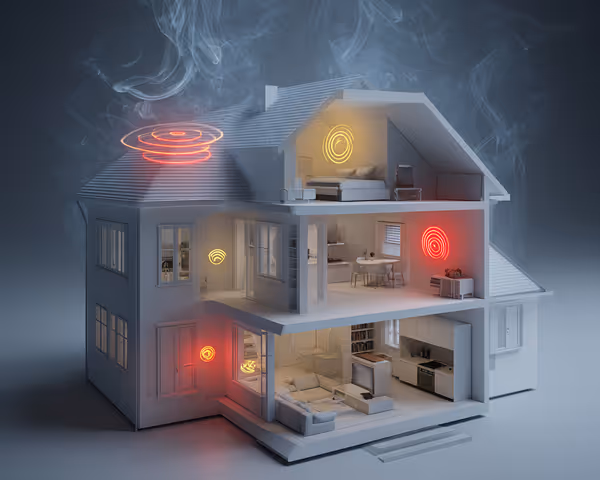 Illustration eines Hauses mit leuchtenden Sensorzonen, visualisiert die Installation von Rauchwarnmeldern mit Ferninspektion und digitaler Dokumentation