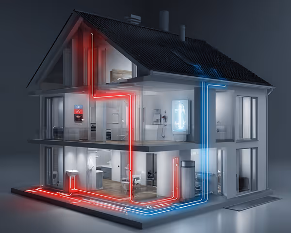 Darstellung eines Hauses mit blauen und roten Leitungssystemen, Symbol für professionelle Installation von Wasserzählern ohne unnötige Koordination
