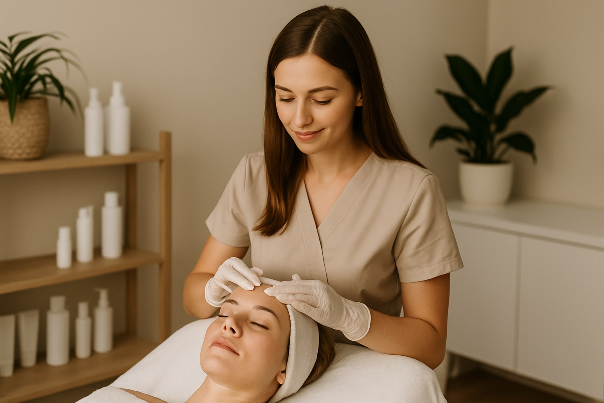 Er wordt een schoonheidsbehandeling gegeven in een beauty salon
