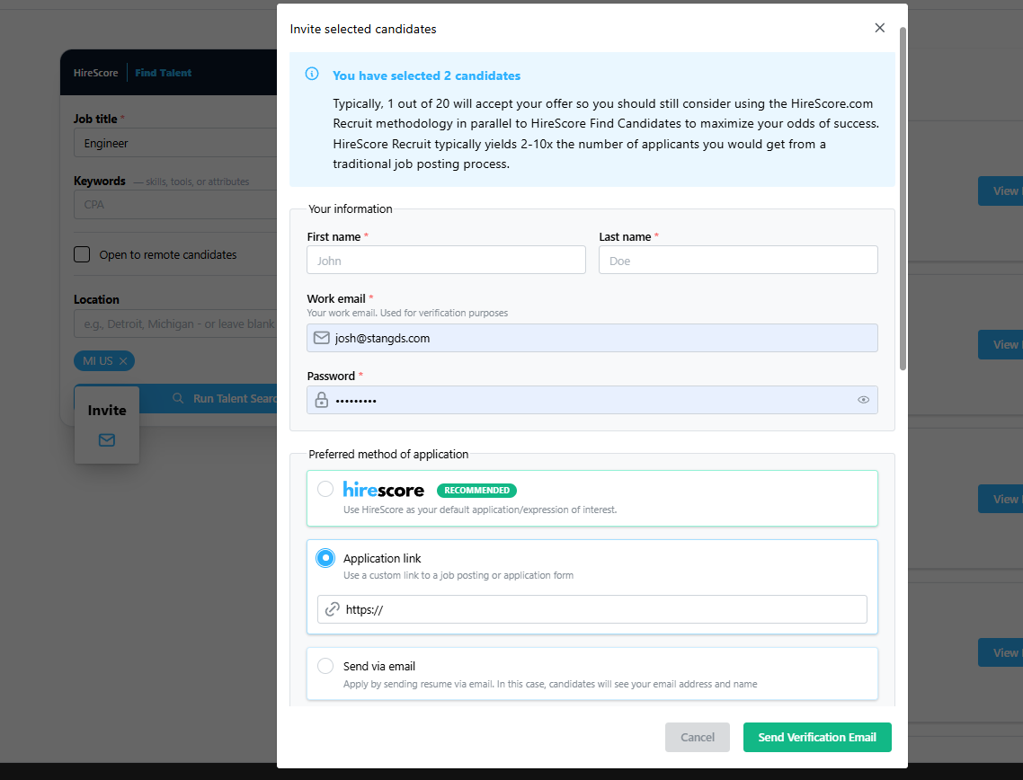 HireScore Find Talent application method options