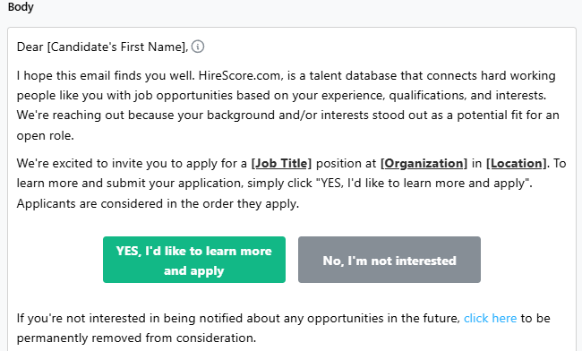 HireScore Find Talent candidate invitation and response options