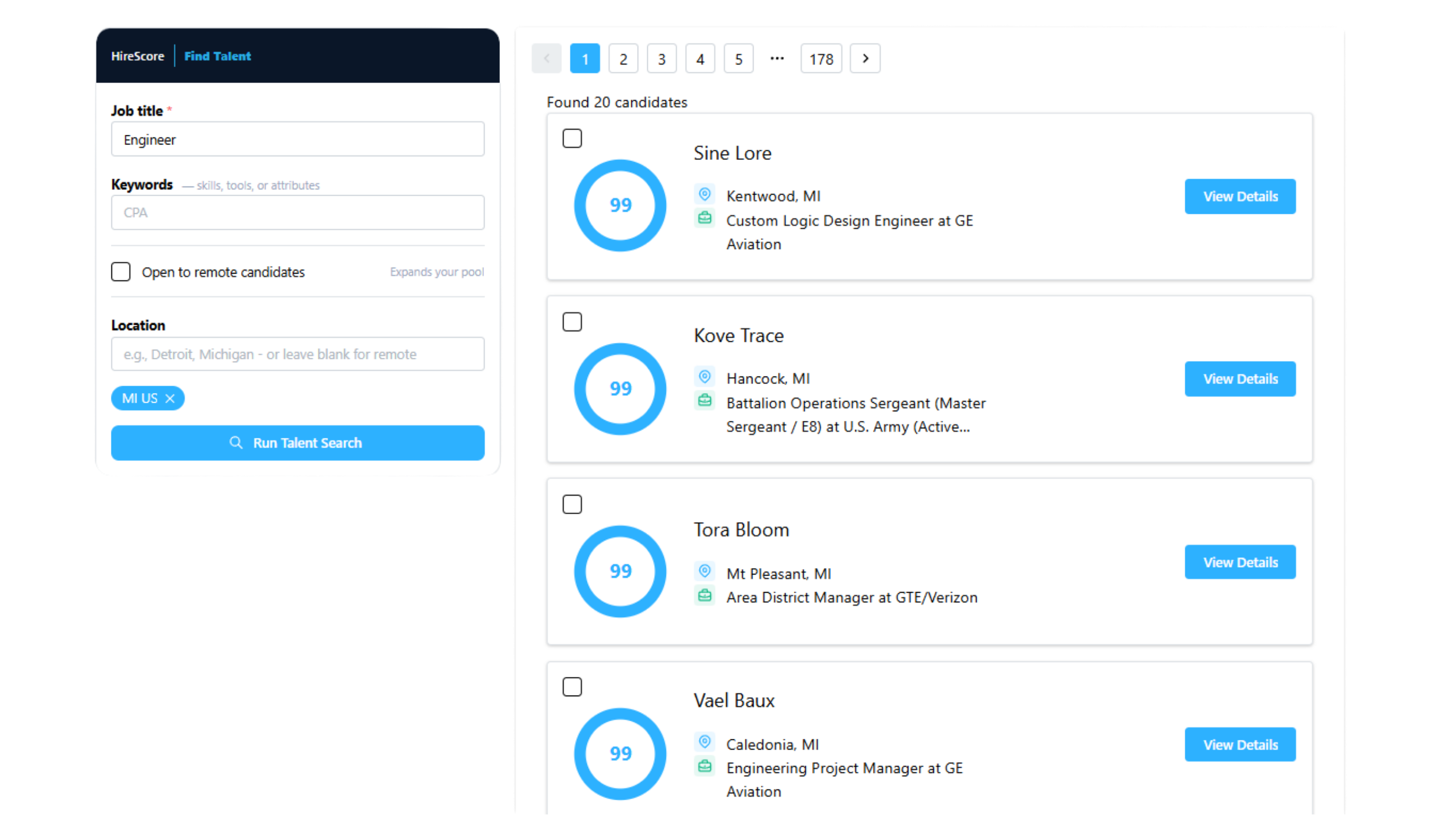 HireScore Find Talent search results