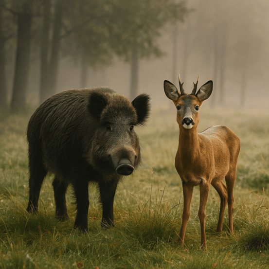 Ein Reh und ein WIldschwein im Wald