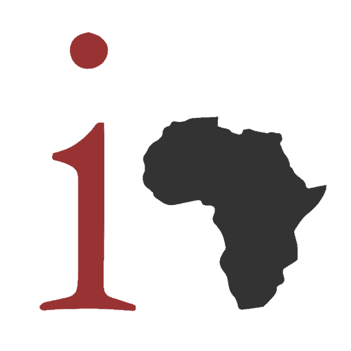 Lowercase red letter i next to a solid black silhouette of the African continent on a brown background.