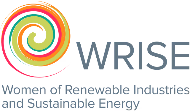 Colorful spiral icon next to WRISE text and subtitle Women of Renewable Industries and Sustainable Energy.