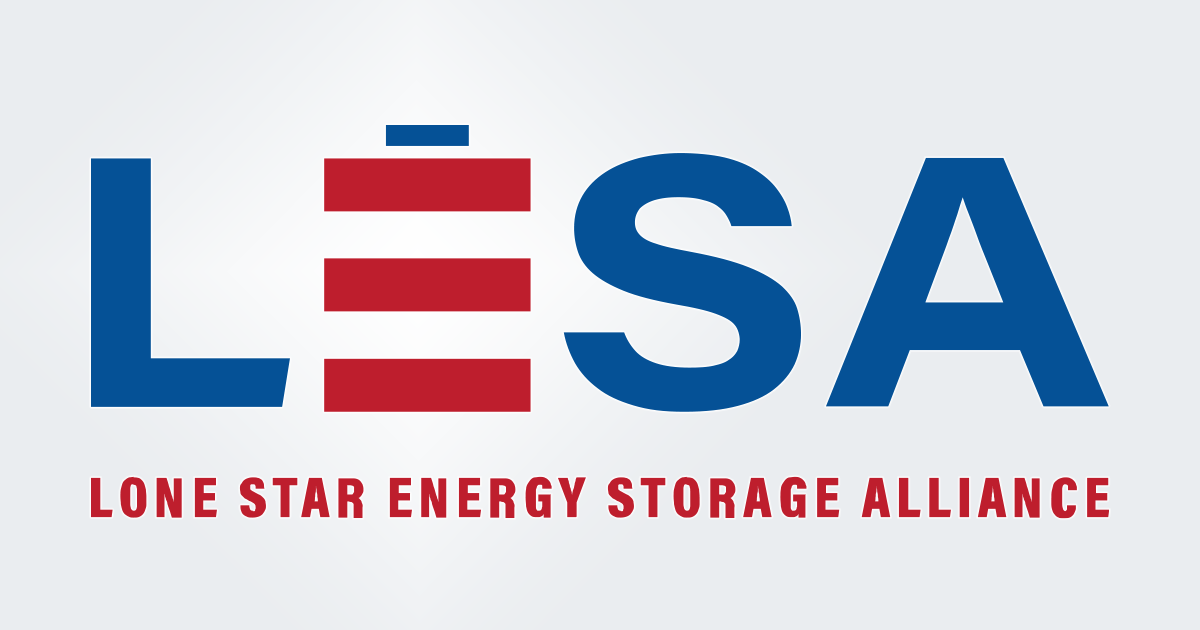 Logo of LESA with blue letters and red stripes for Lone Star Energy Storage Alliance.