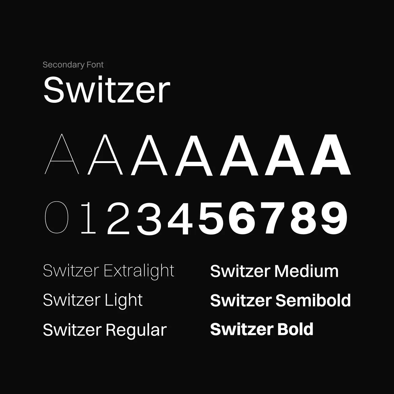 Visual overview of the secondary sans-serif font 'Switzer', displaying the full alphabet, numbers, and available font weights