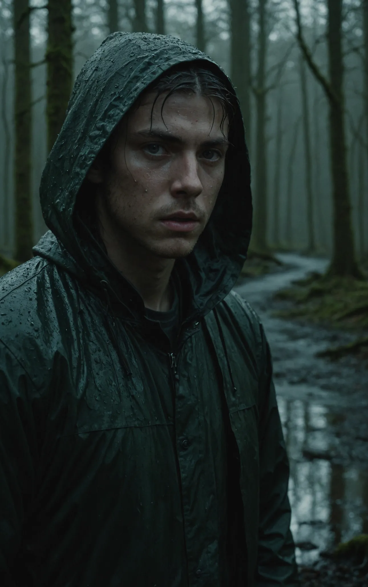 A character in a raincoat standing in a dark forest, emphasizing texture and cinematic lighting