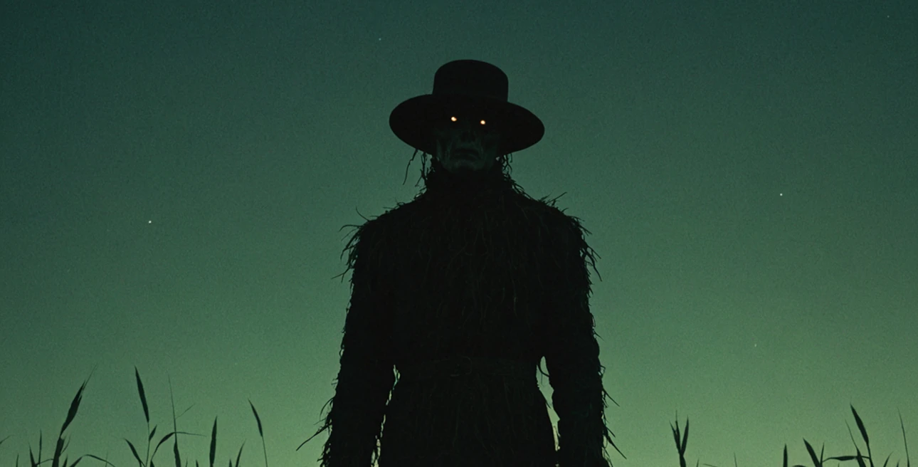 Scarecrow with glowing eyes in a green lit field, showcasing the horror inspired art direction