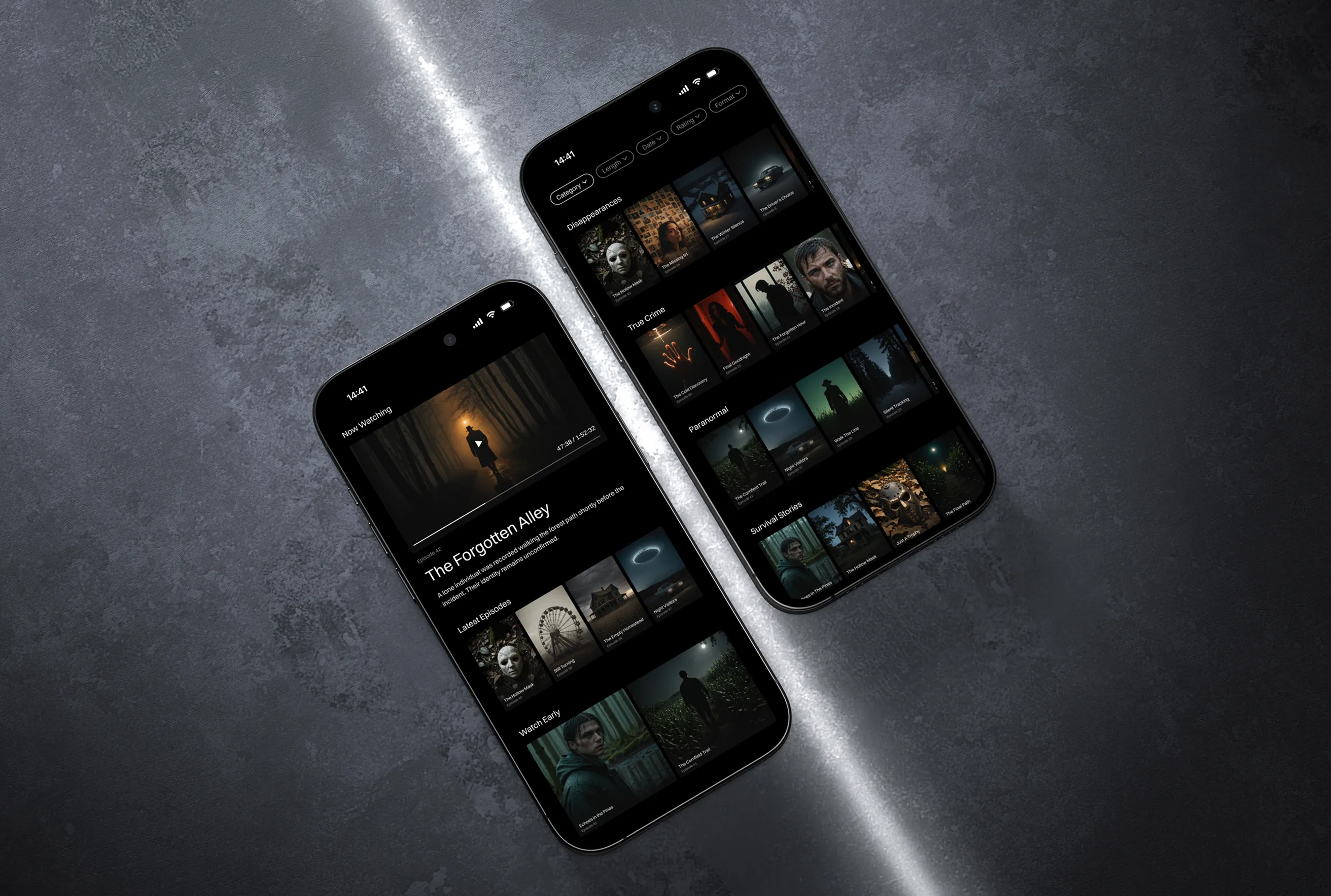 Dual iPhone mockups showing the responsive mobile design for the MrBallen platform, highlighting the dark UI and episode discovery features.