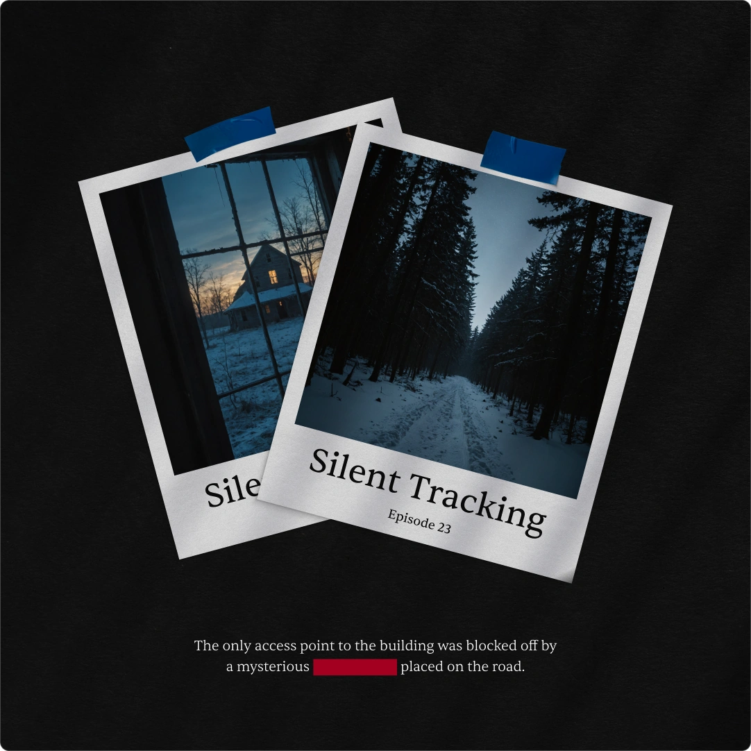 Digital social media asset designed as a Polaroid photo of a snowy forest road.