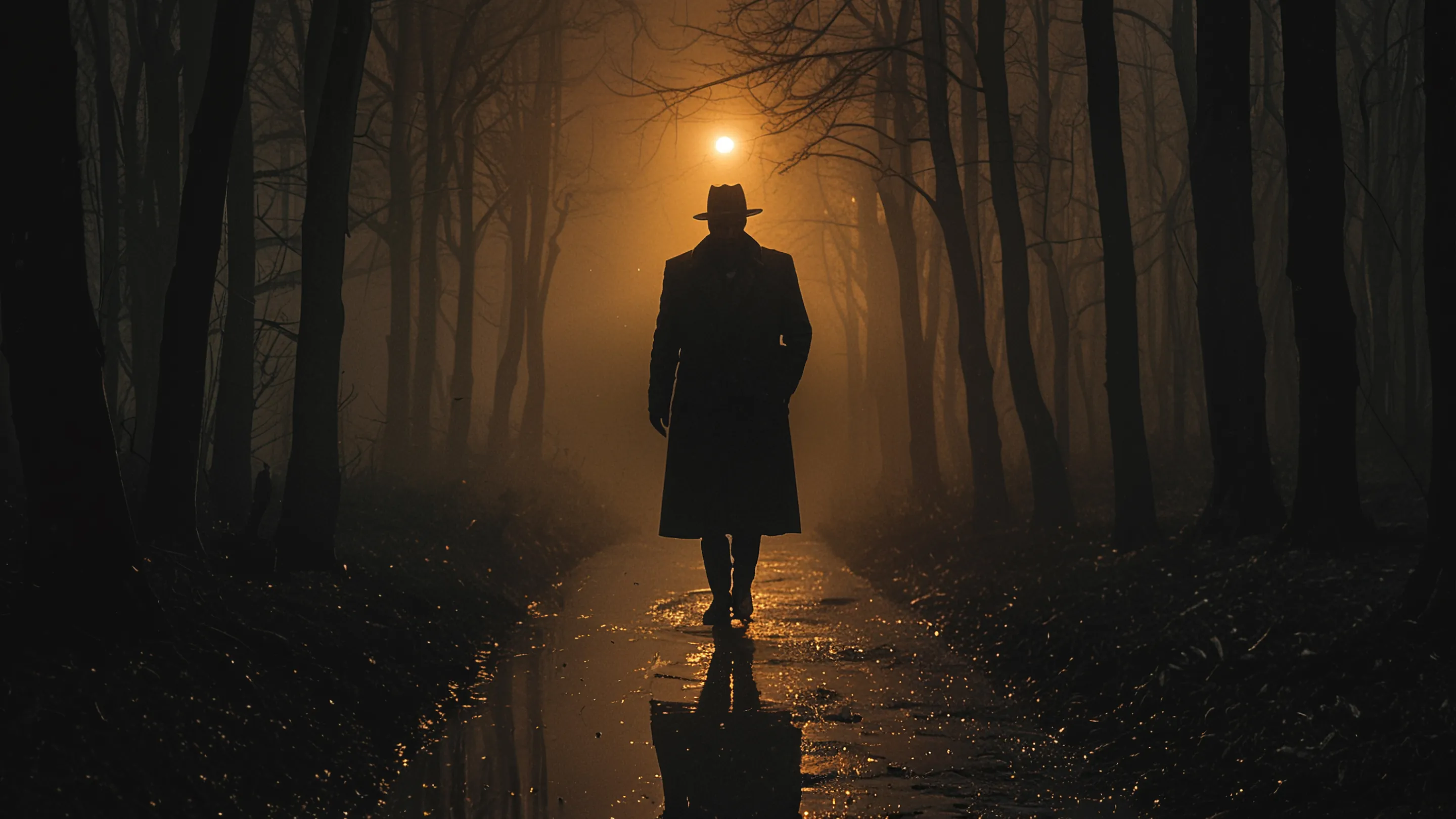 Cinematic illustration of a mysterious figure in a trench coat walking down a foggy path.