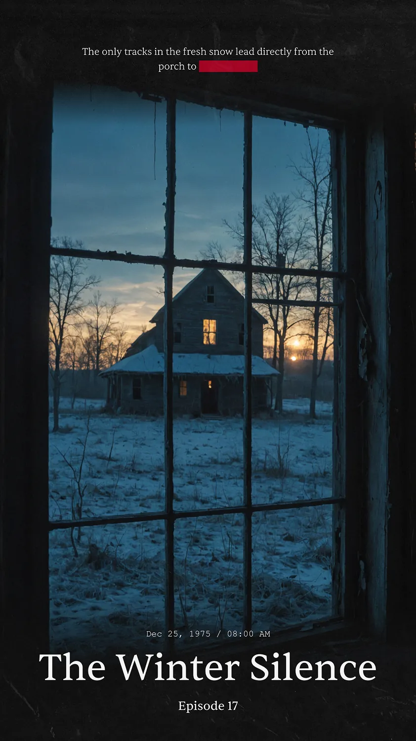 Vertical movie poster design for MrBallen Episode 17, featuring a dark, ominous house seen through a window frame with winter snow