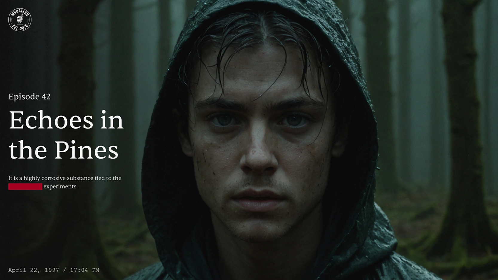 Cinematic YouTube thumbnail design for MrBallen Episode 42, featuring a close-up portrait of a character in the rain