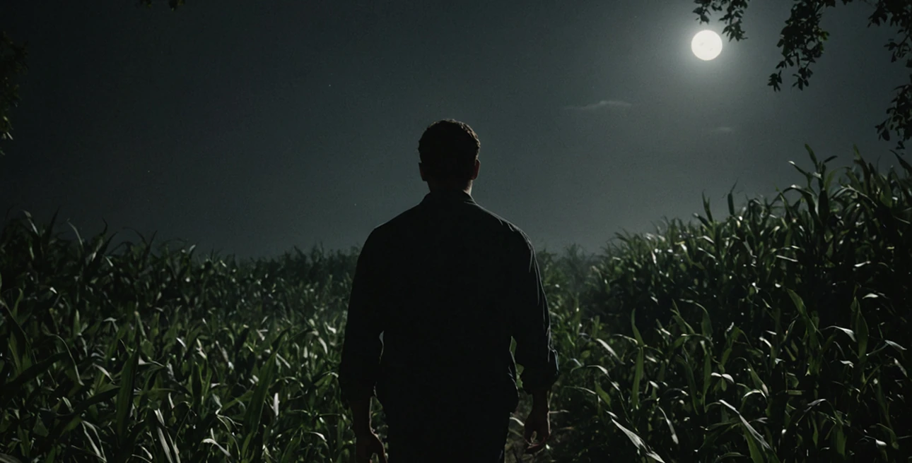 Silhouette standing in a cornfield under moonlight.
