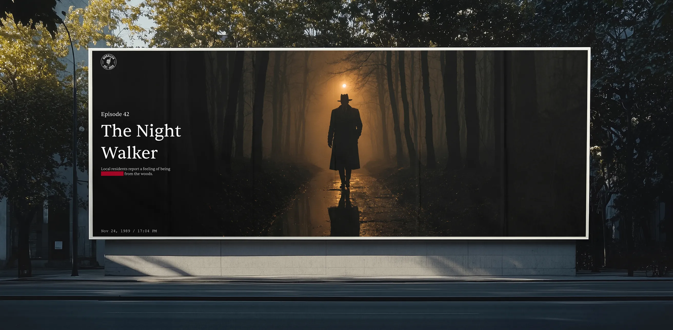 Cinematic wide format billboard mockup displaying 'The Night Walker' episode art, showcasing the brand's impact in a large scale outdoor environment