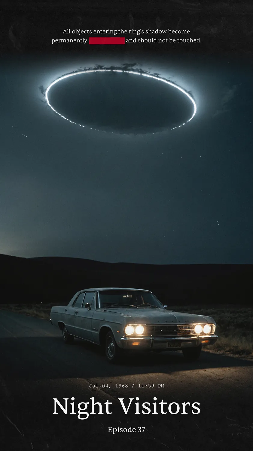 Sci-fi horror poster design for MrBallen Episode 37, featuring a vintage car under a glowing UFO ring in the night sky