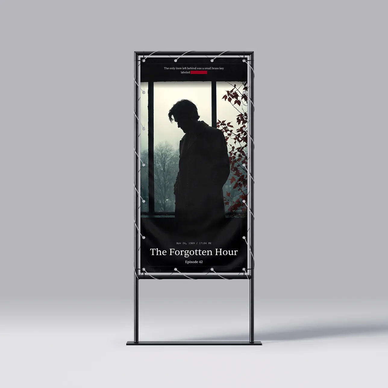 Standalone vertical banner display mockup featuring the silhouette artwork for 'The Forgotten Hour,' designed for events and physical retail spaces