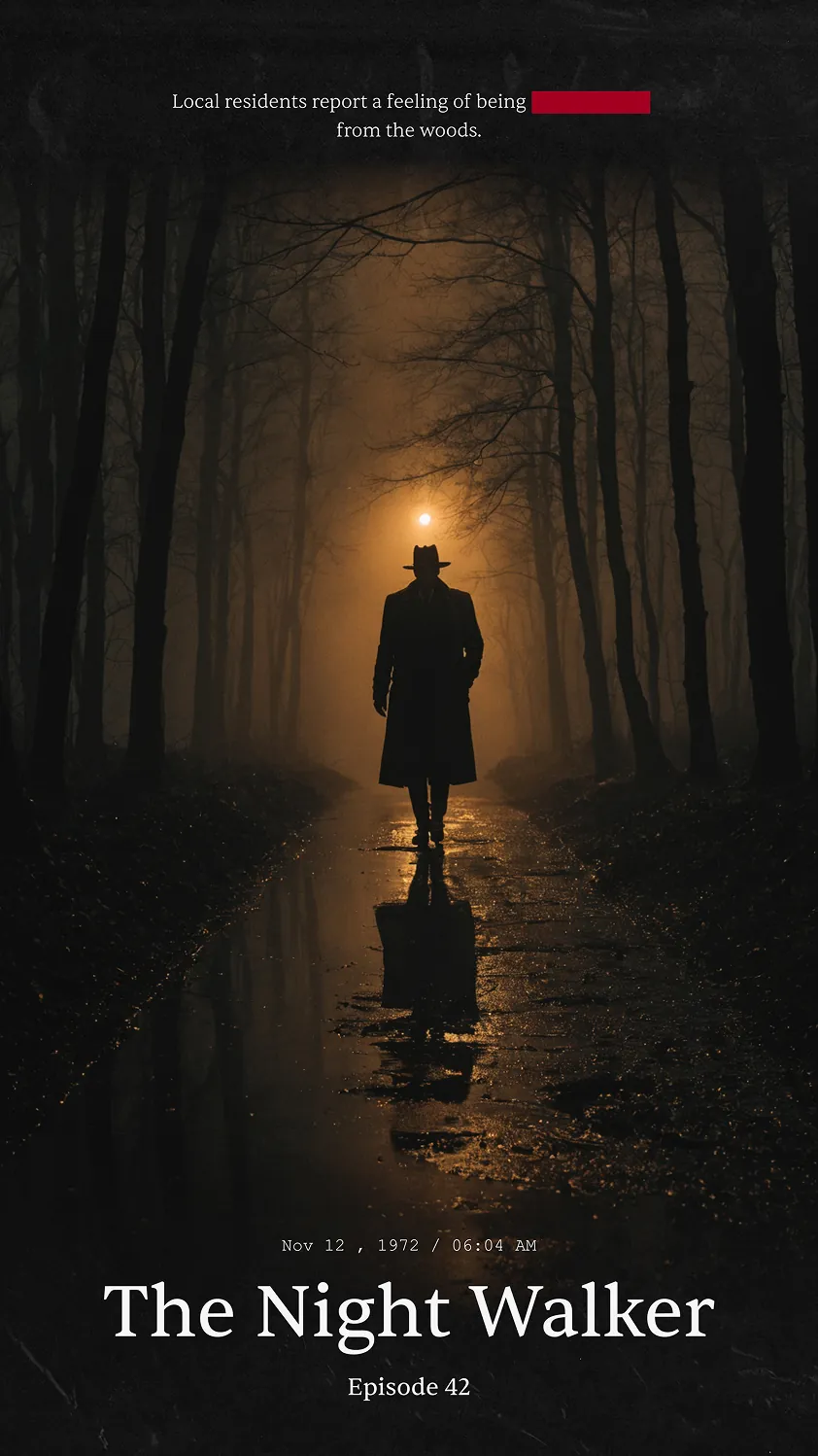 Key art poster for MrBallen Episode 42, showing a mysterious silhouette walking down a wet road in a foggy forest