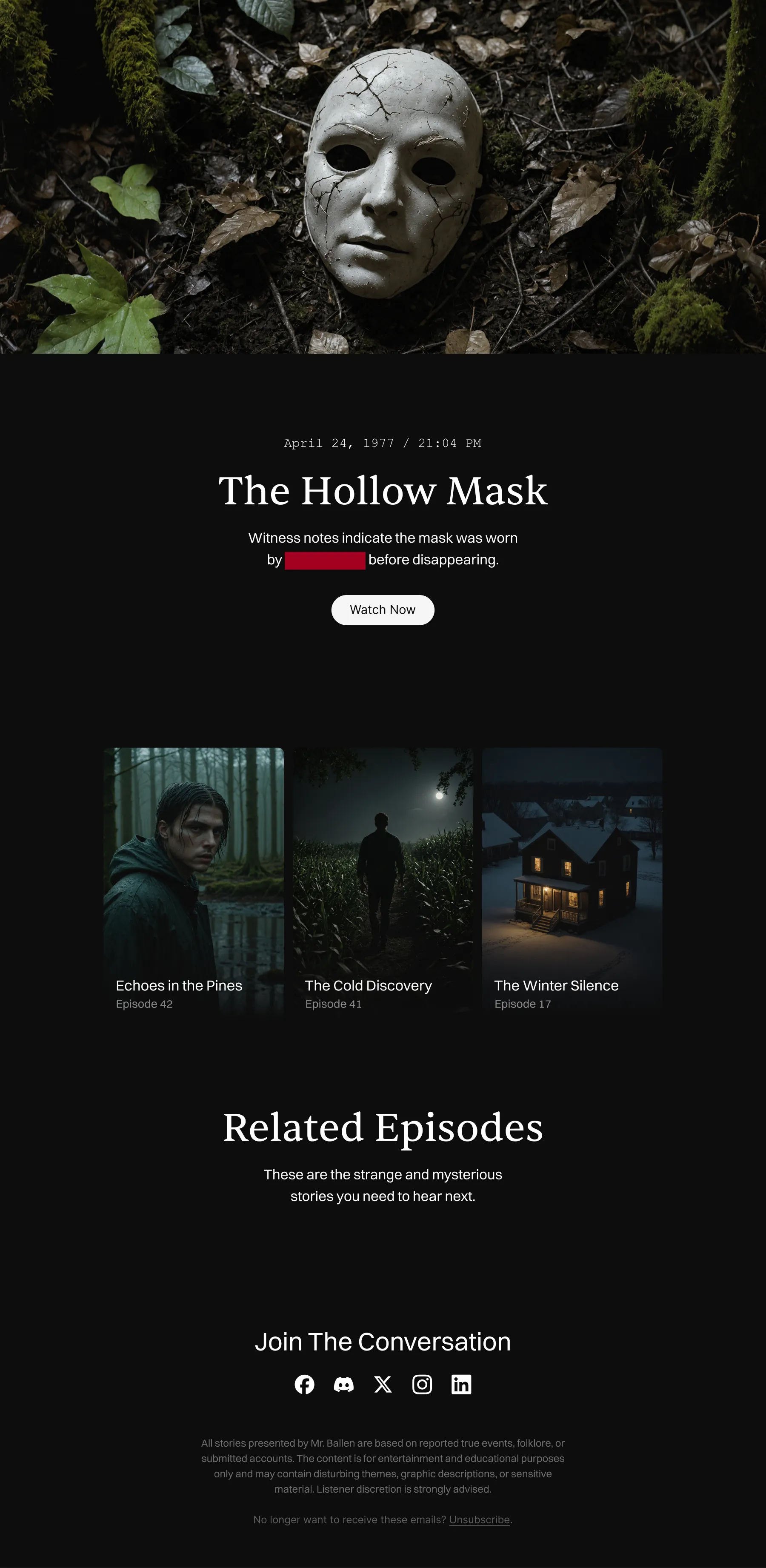 Full length email newsletter design for MrBallen, featuring the 'Hollow Mask' episode artwork, redaction style typography, and a dark mode layout
