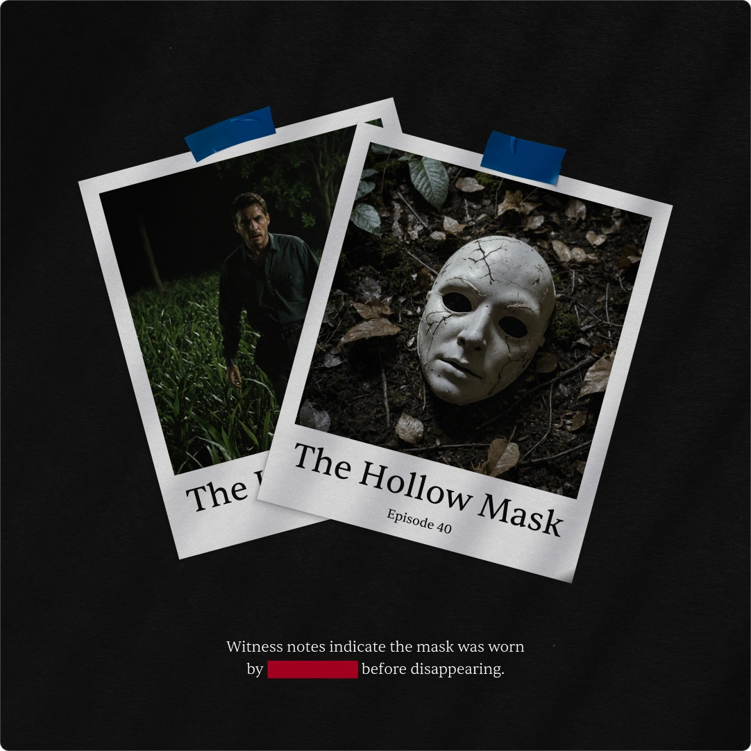 Polaroid style social media post design featuring the 'Hollow Mask' episode artwork, designed to look like forensic evidence