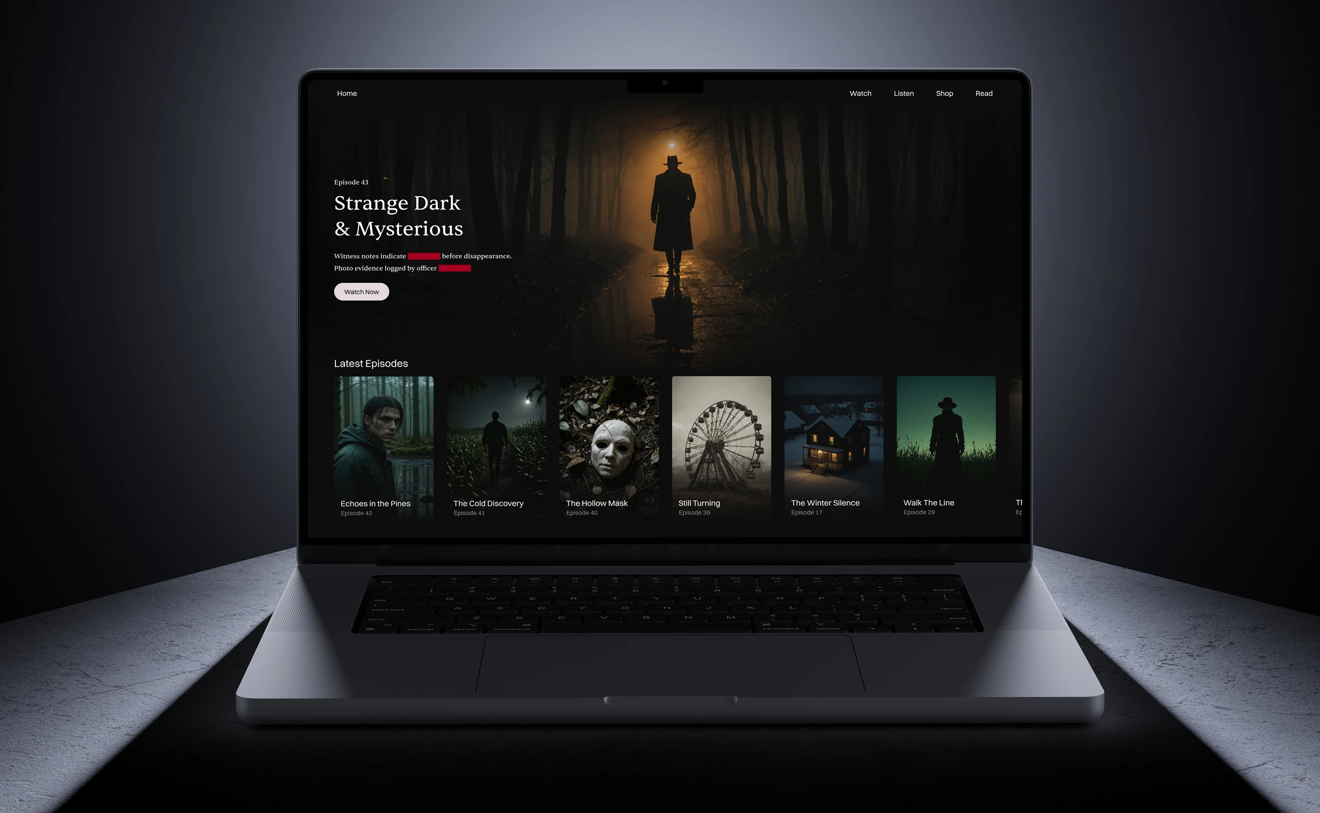 MacBook Pro mockup displaying the MrBallen website redesign, featuring a dark mode streaming interface with a cinematic video player