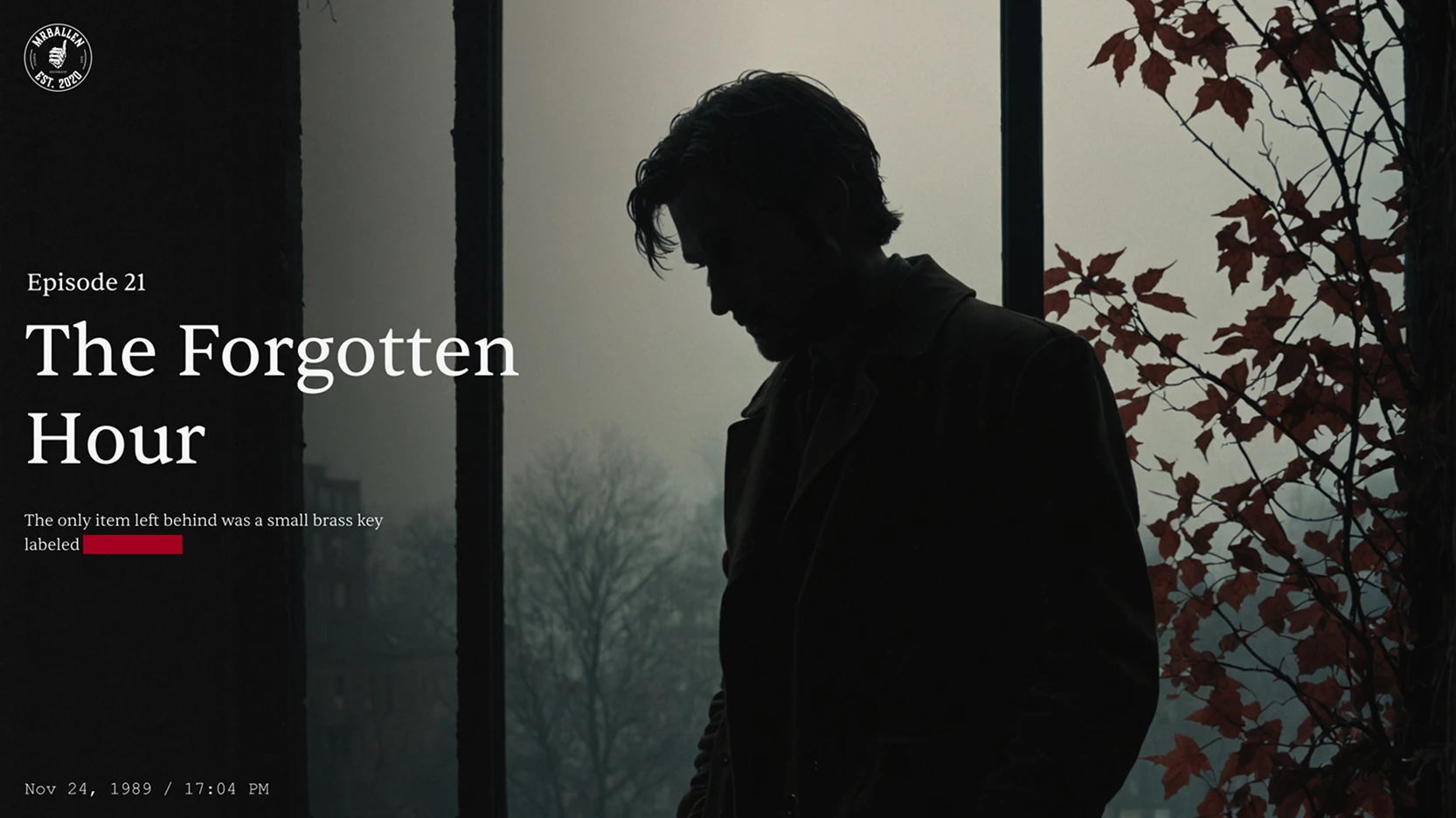 Wide format digital thumbnail art showing a silhouette of a man standing by a window