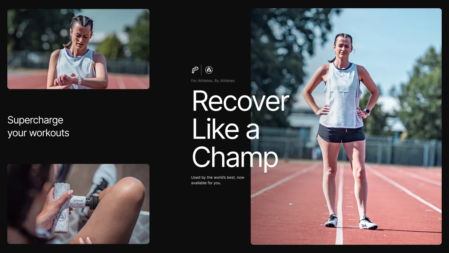 Campaign layout featuring a female athlete on a running track, combining portraiture with detailed shots of the Pulseroll massage gun being used for leg recovery