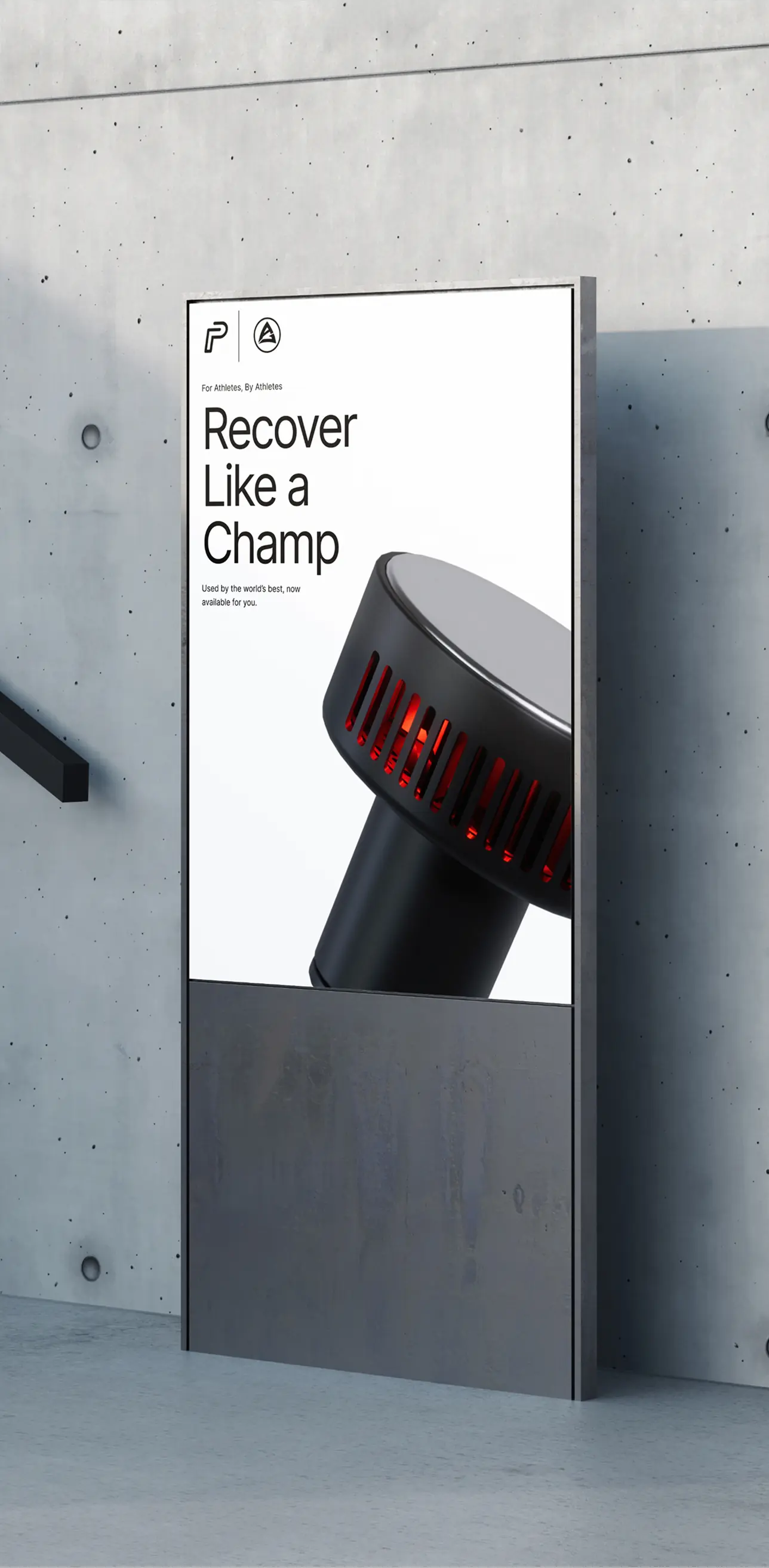 Digital OOH (Out of Home) standing banner mockup featuring the 'Recover Like a Champ' headline and detailed product photography of the massage gun head