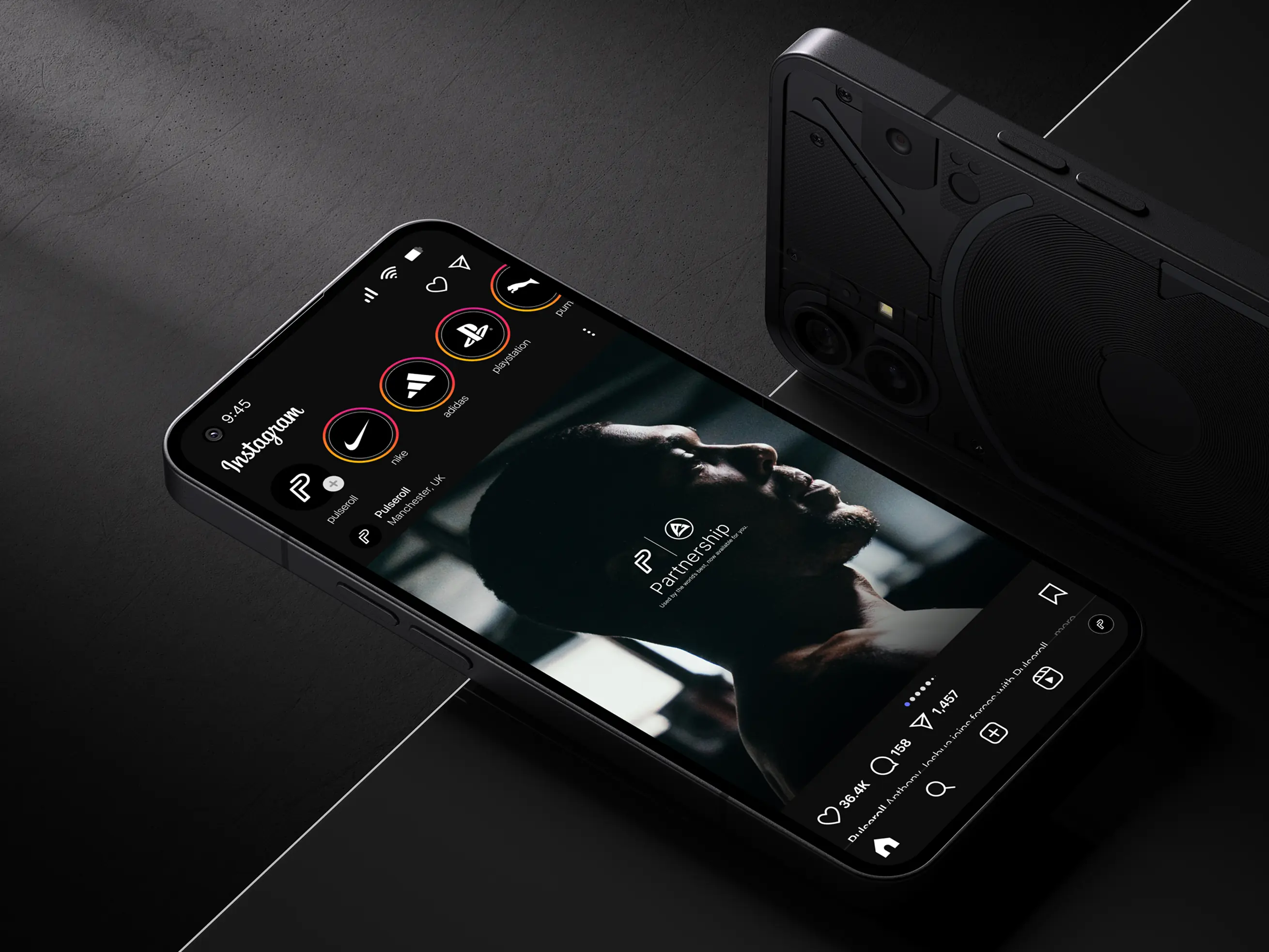 Isometric mobile UI mockup displaying the Anthony Joshua campaign within the Instagram interface, featuring branded story highlights and feed content