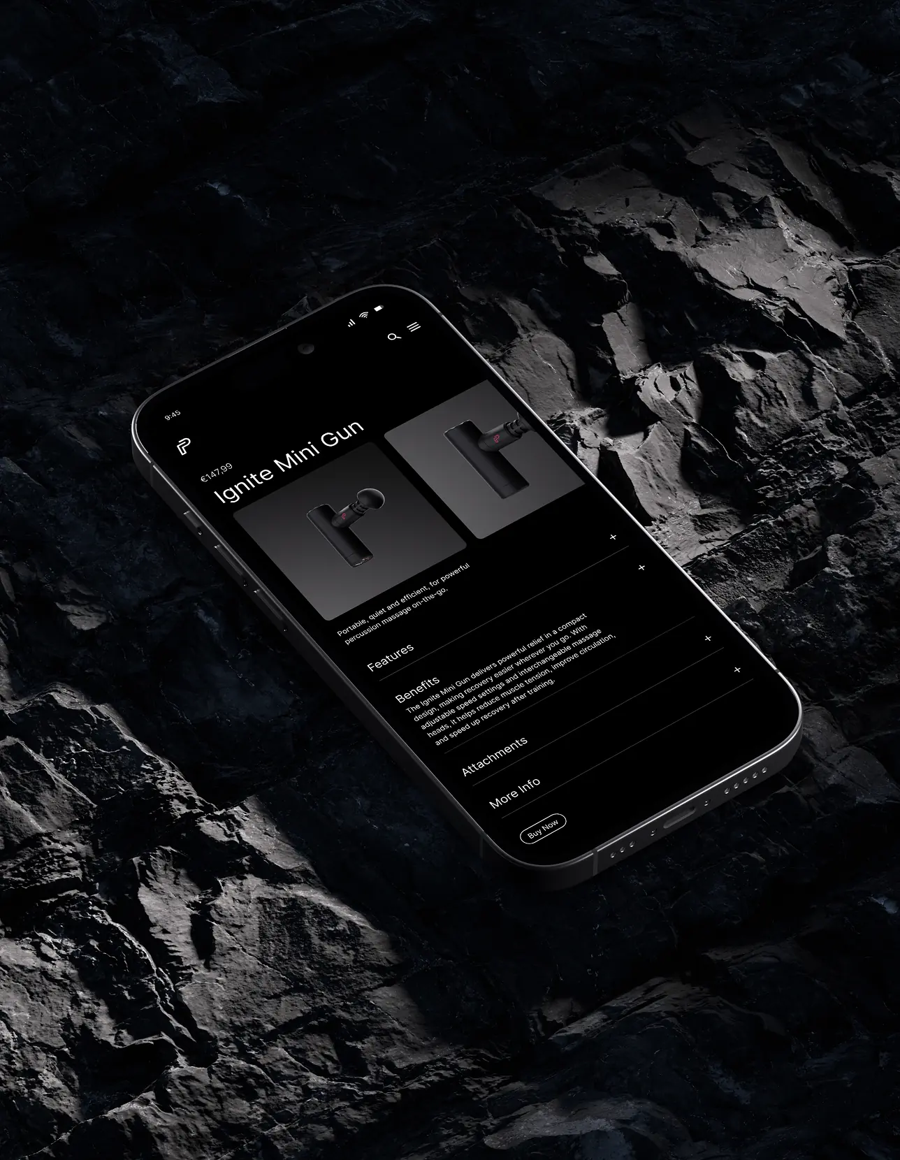 Mobile UI design for the 'Ignite Mini Gun' product features page, presented on a textured dark rock background to highlight the premium dark mode aesthetic
