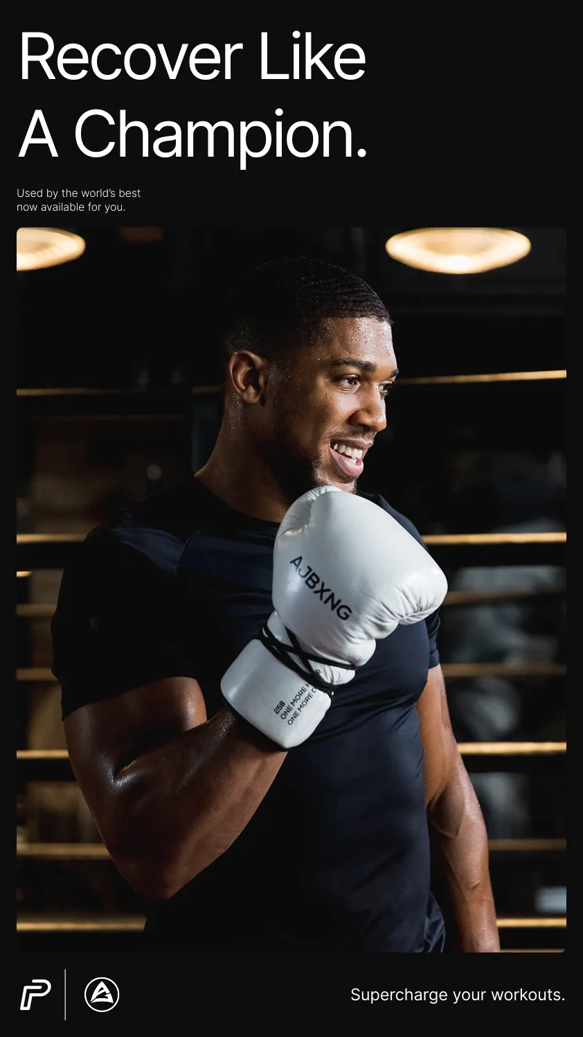 Anthony Joshua in the boxing ring wearing branded white gloves, showcasing the high-energy athletic direction of the visual identity