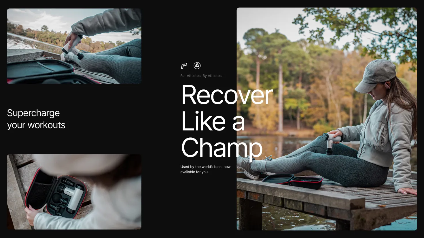 Outdoor lifestyle photography layout showing the Pulseroll massage gun in a natural lake setting, highlighting the travel case and portability features