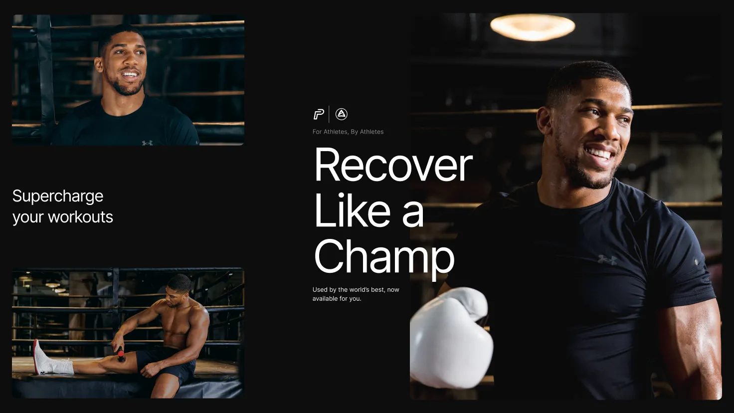 Anthony Joshua campaign collage set in a boxing ring, featuring a candid smiling portrait alongside an active product demonstration shot on the canvas