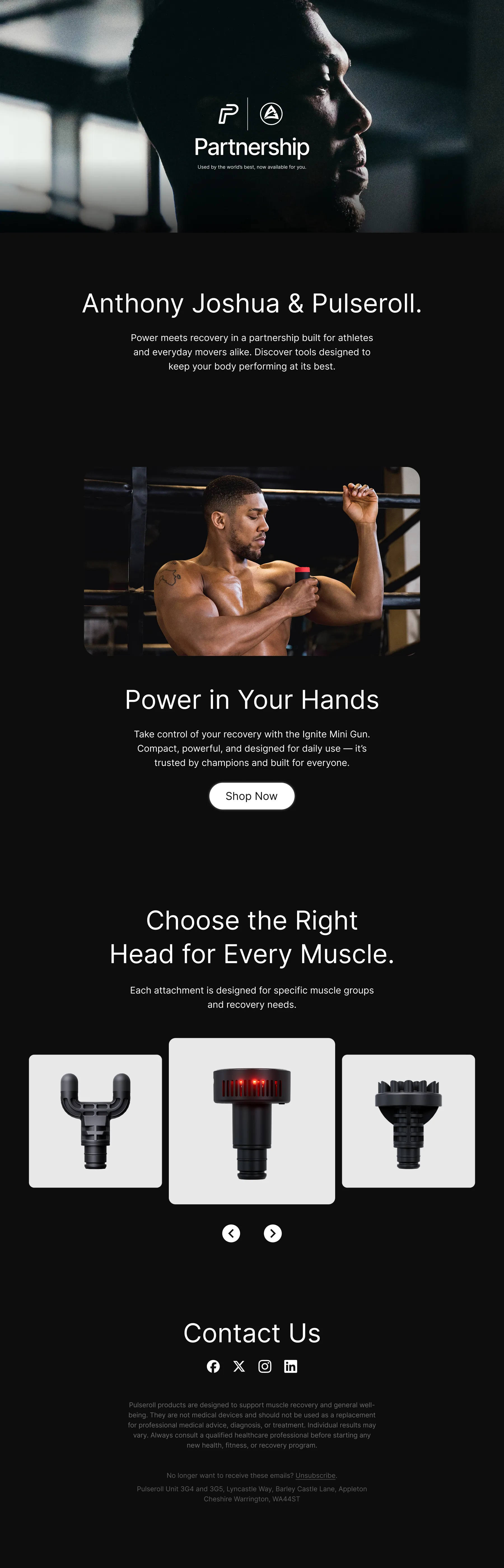 Full-length email campaign design layout for the Anthony Joshua partnership, featuring a modular product grid, CTA buttons, and responsive typography
