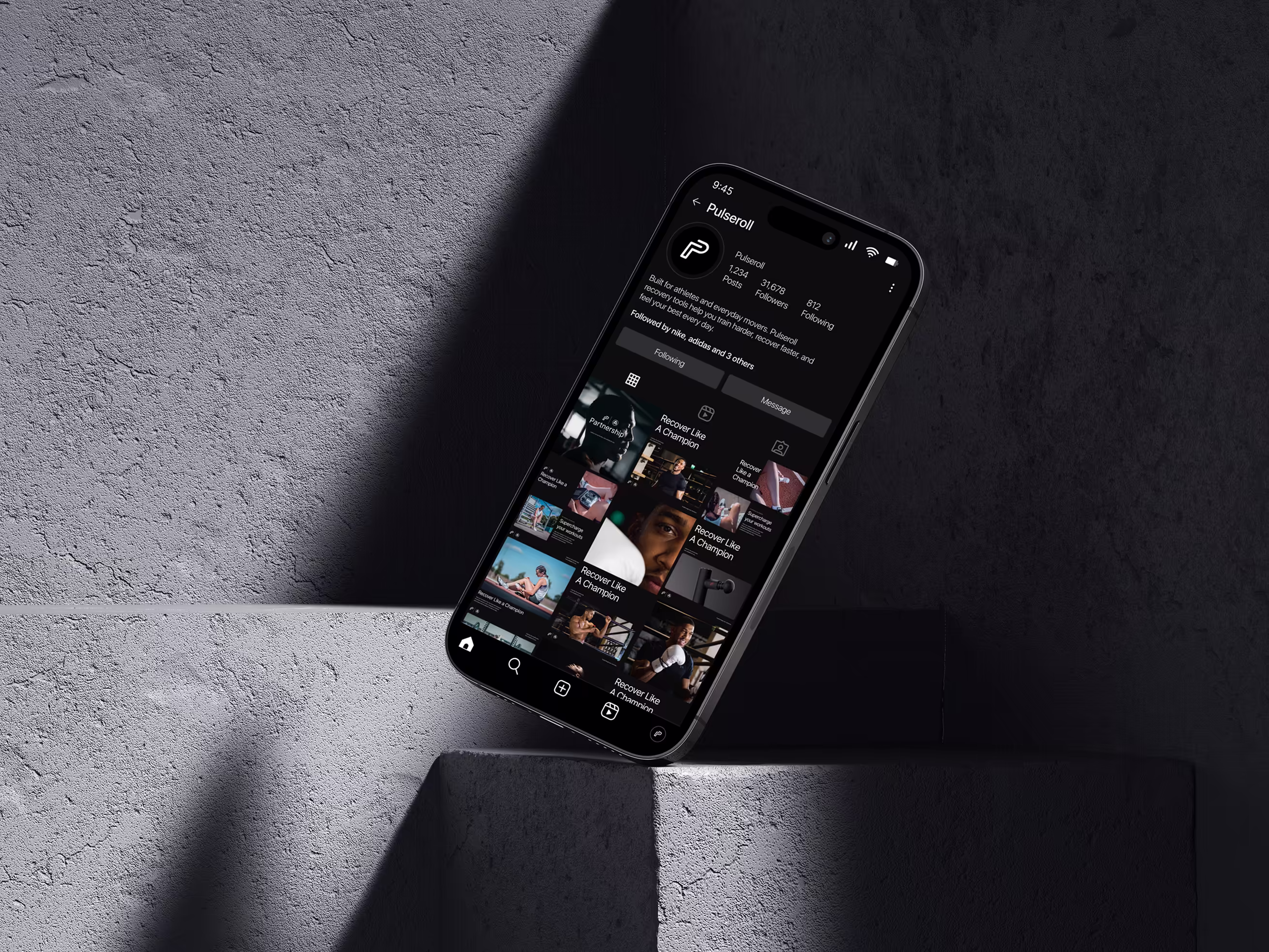 High-fidelity mobile mockup displaying the Pulseroll Instagram feed design on a floating iPhone 15 Pro, set against a dark textured background