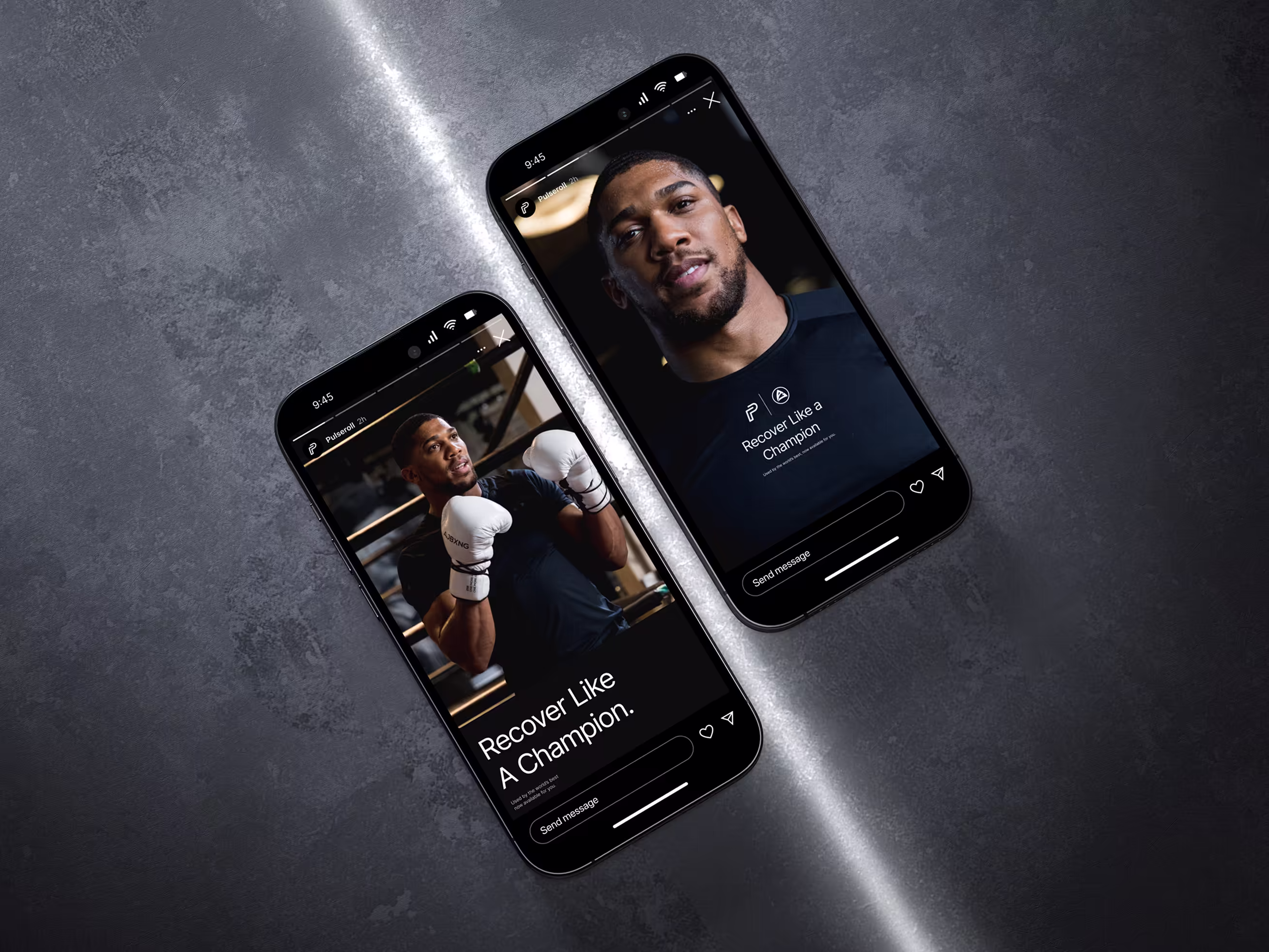 Dual mobile mockup showcasing Instagram Story designs for the Anthony Joshua campaign, highlighting responsive vertical layouts
