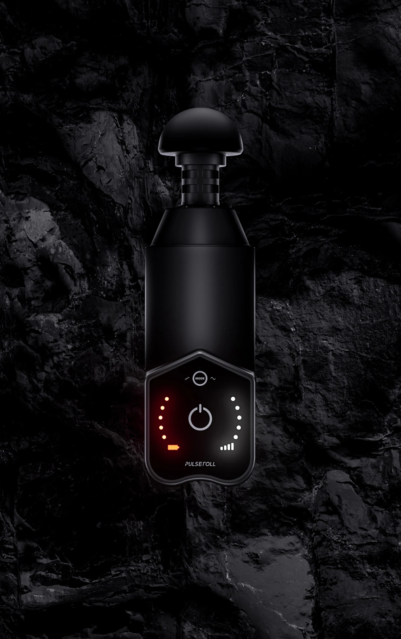 Photorealistic 3D product render of the Ignite Pro massage gun floating  above dark rocks, showcasing cinematic product lighting