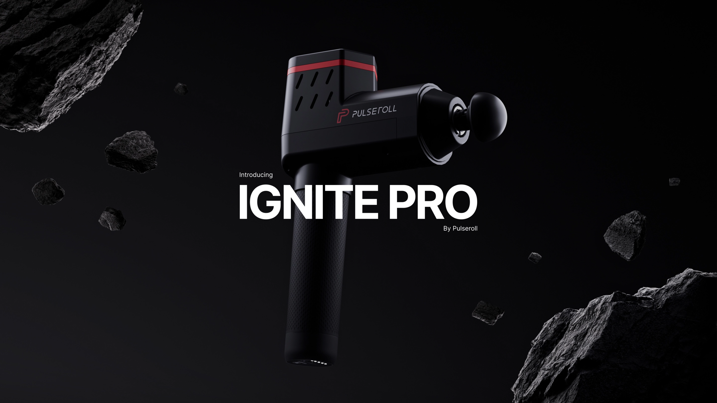 Photorealistic 3D product render of the Ignite Pro massage gun floating among dark suspended rocks, showcasing cinematic product lighting