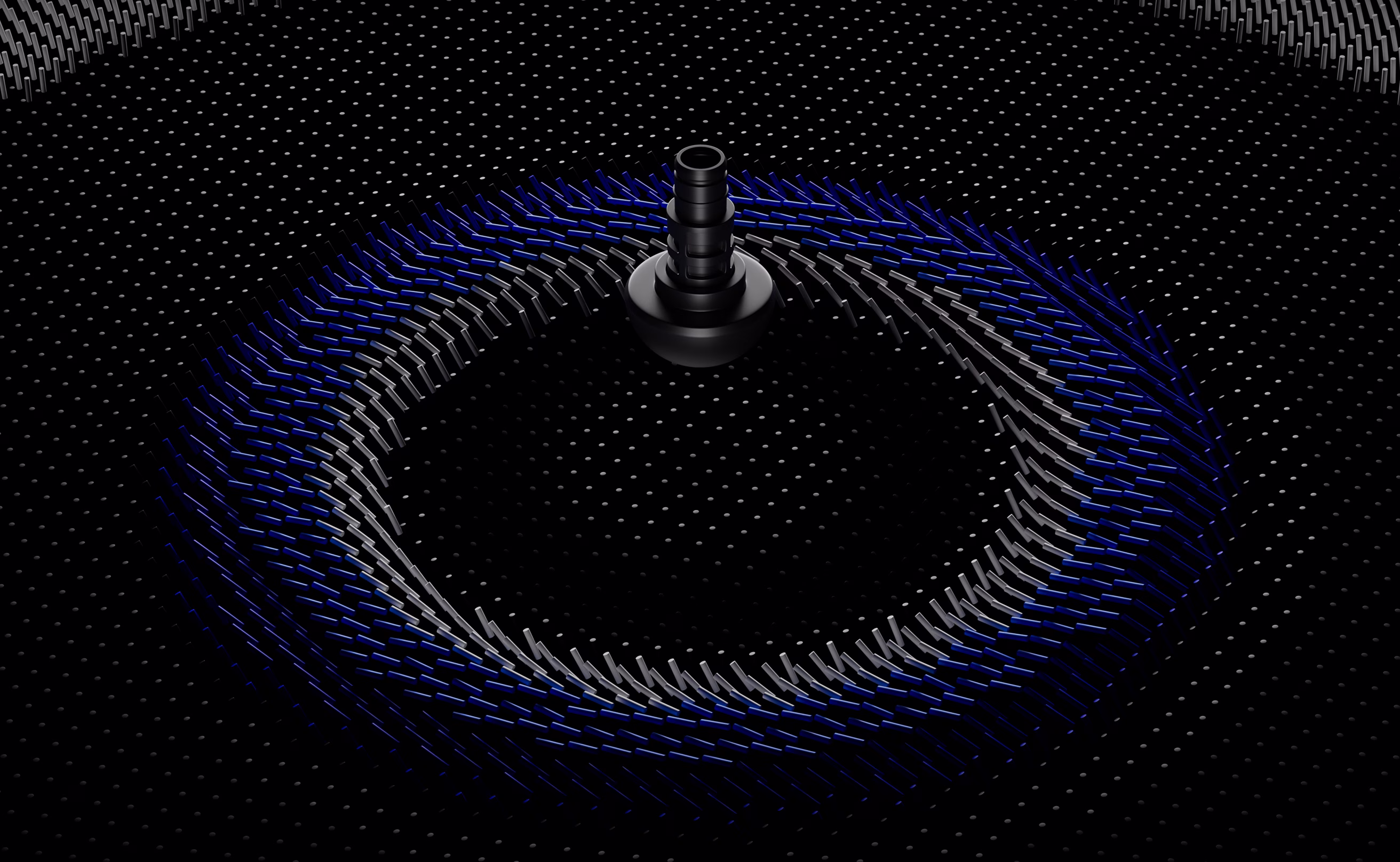 Abstract 3D motion simulation using procedural blue and silver particles to visualize the motor power and torque of the Ignite Pro massage gun