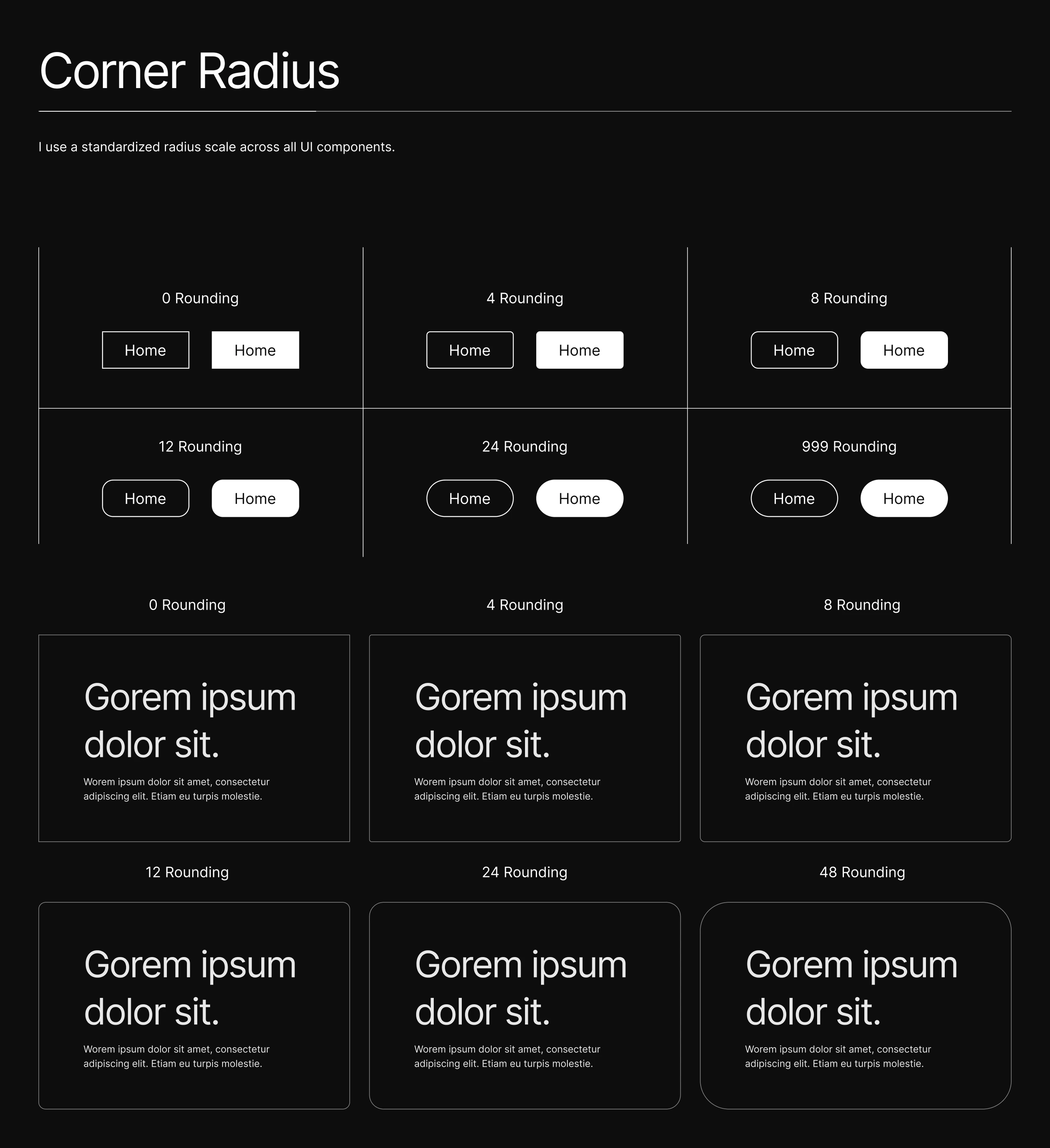 Design examples showing increasing corner radius values on buttons and text blocks from 0 to 999 rounding.