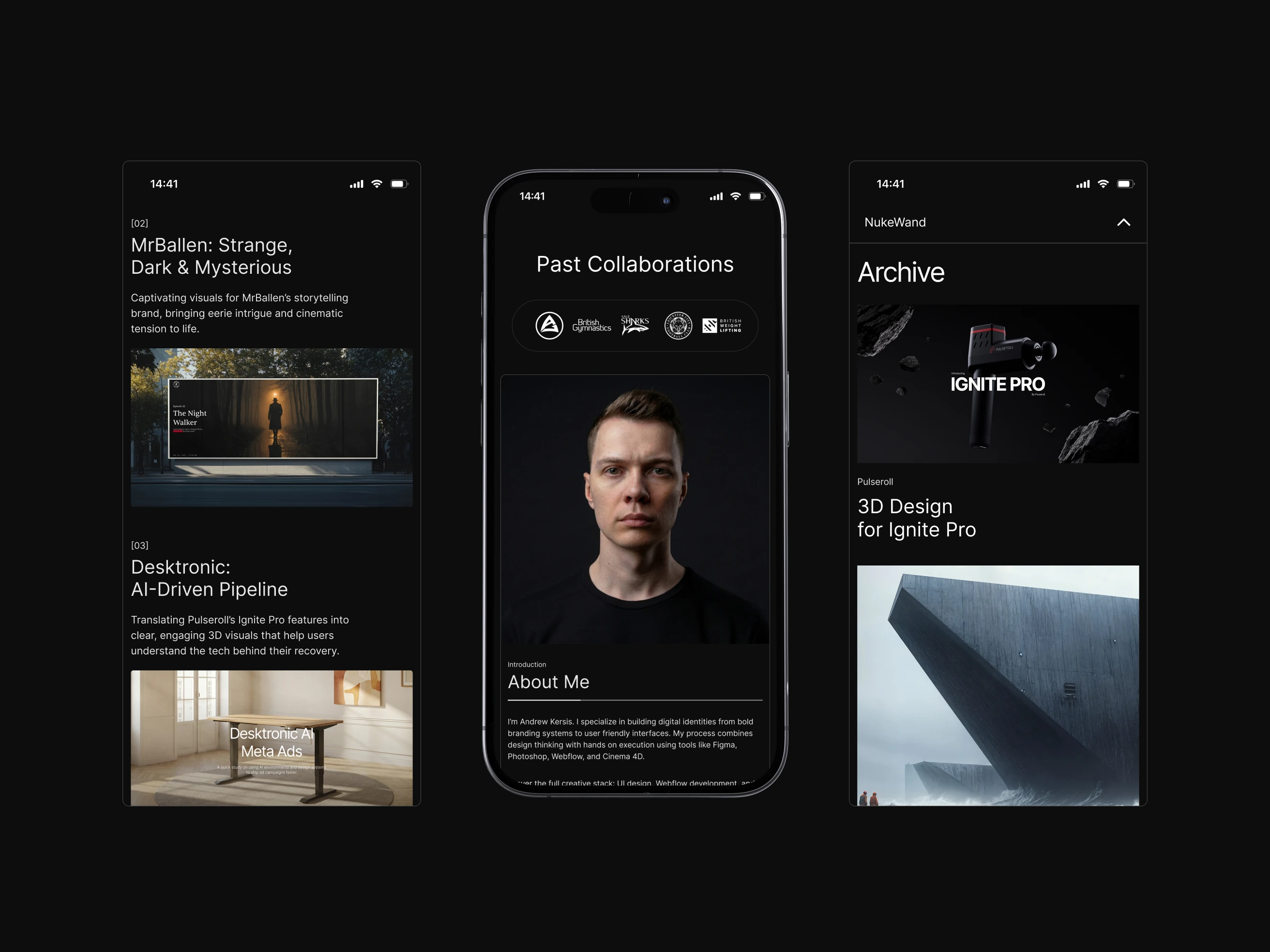 Three phones showing portfolio: dark visuals, personal bio with photo, and 3D design archive with product image.